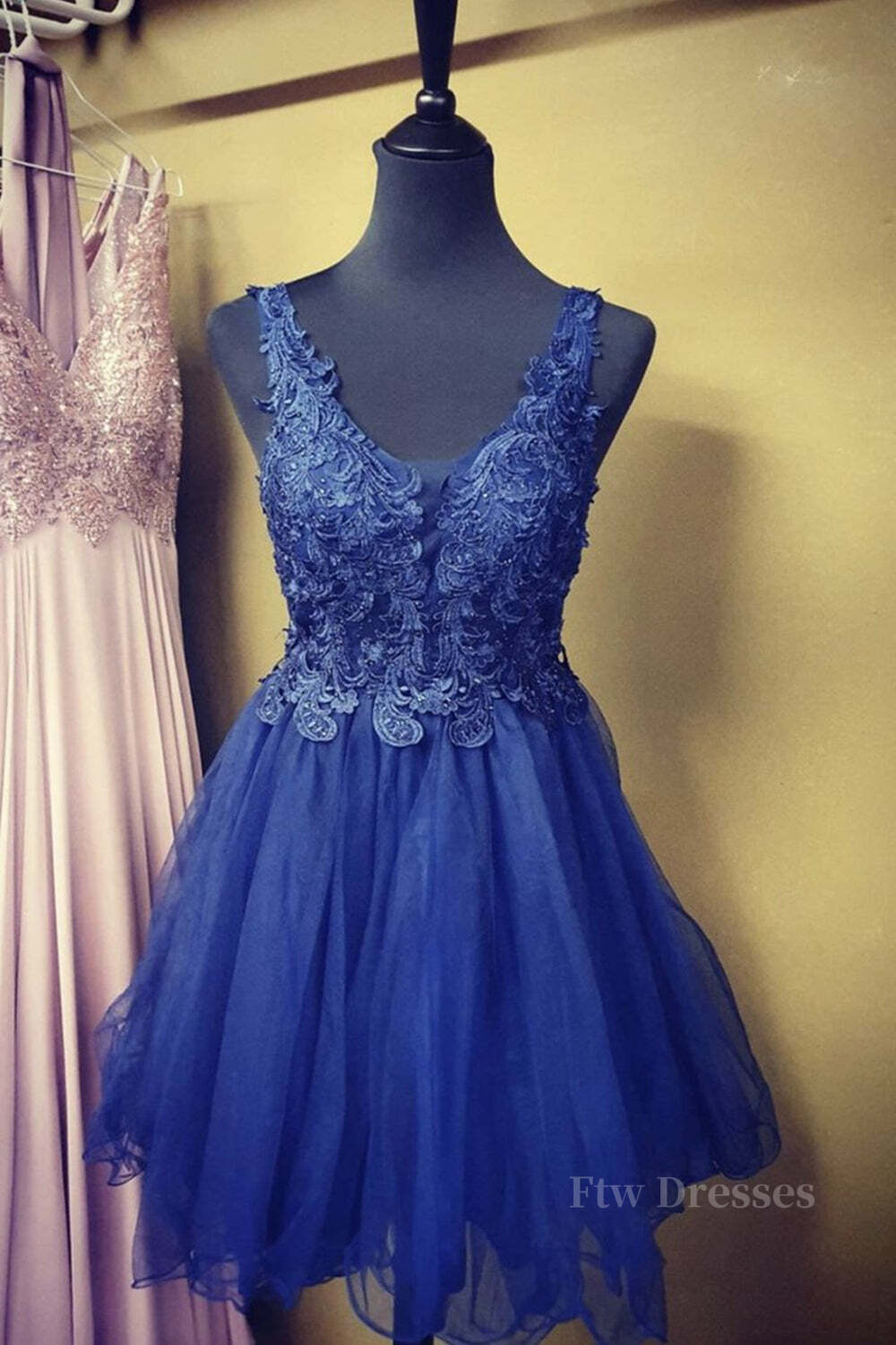 A Line V Neck Blue Lace Short Prom Dress, Blue Lace Homecoming Dress, Short Blue Formal Evening Dress
