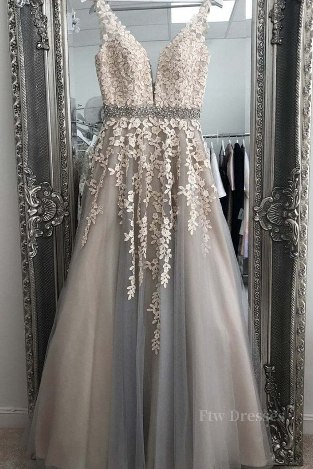 A Line V Neck Gray Lace Long Prom Dress with Belt, Gray Lace Floral Formal Dress, Gray Lace Evening Dress