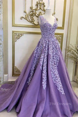 A Line V Neck Purple Long Prom Dresses with Lace Appliques, V Neck Purple Formal Evening Dresses