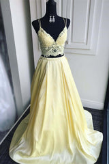 A Line V Neck Two Pieces Lace Top Yellow Prom Dress, Two Pieces Yellow Formal Dress, Yellow Lace Evening Dress