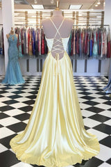 A Line V Neck Yellow Long Prom Dresses, Yellow Long Backless Formal Evening Dresses
