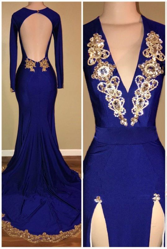 Royal Blue Long Sleeve Prom Dresses Cheap |Gold Beads Mermaid Evening Dress With Slit