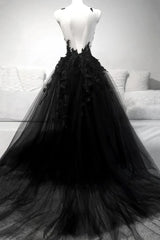 Black A-line Tulle with Lace Long Party Dress, Black Formal Dress Prom Dress