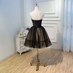 Black and Champagne Tulle Sweetheart Lace Short Party Dress, Tulle Homecoming Dresses