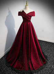 Black and Red Satin Off Shoulder Long Junior Prom Dress, A-line Satin Party Dress