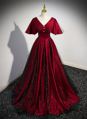 Black and Red V-neckline Long Satin Prom Dress,Chic Long A-line Party Dress