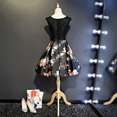 Black Floral Satin and Lace Round Neckline Short Party Dress Prom Dress, Black Homecoming Dresses