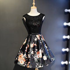 Black Floral Satin and Lace Round Neckline Short Party Dress Prom Dress, Black Homecoming Dresses