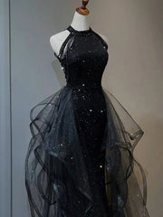 Black Halter Tulle Layers Long Prom Dress with Sequins, Black Party Dress