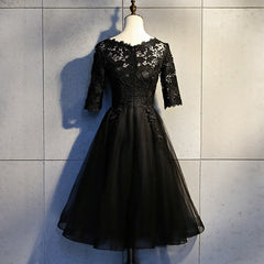 Black Lace and Tulle Short Sleeves Party Dresses Formal Dress, Black Homecoming Dresses