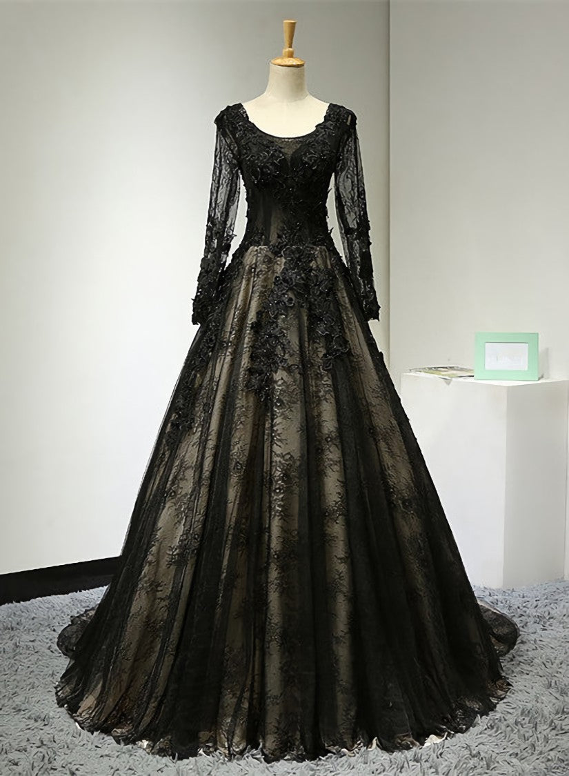 Black Long Sleeves Lace Prom Dress, Black Evening Gown
