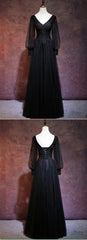Black Long Sleeves V-neckline Evening Dress, Black Prom Dress