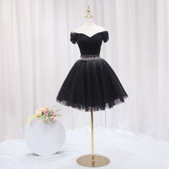 Black Off Shoulder Beaded Tulle Short Prom Dress, Black Homecoming Dress Formal Dress