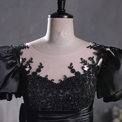 Black Satin A-line Floor Length Long Party Dress with Lace, Black Long Formal Dress