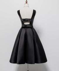 Black Satin Knee Length Round Neckline Party Dress, Black Short Prom Dress