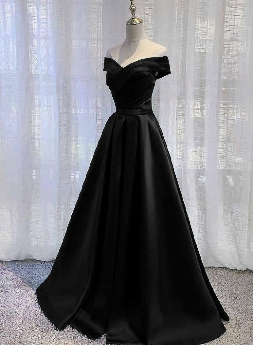 Black Satin Off Shoulder Long Simple Evening Dress Formal Dress, Black Party Dresses