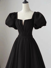 Black Satin Puffy Sleeves Long Evening Party Dress, Black Long Prom Dress