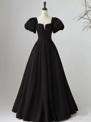 Black Satin Puffy Sleeves Long Evening Party Dress, Black Long Prom Dress