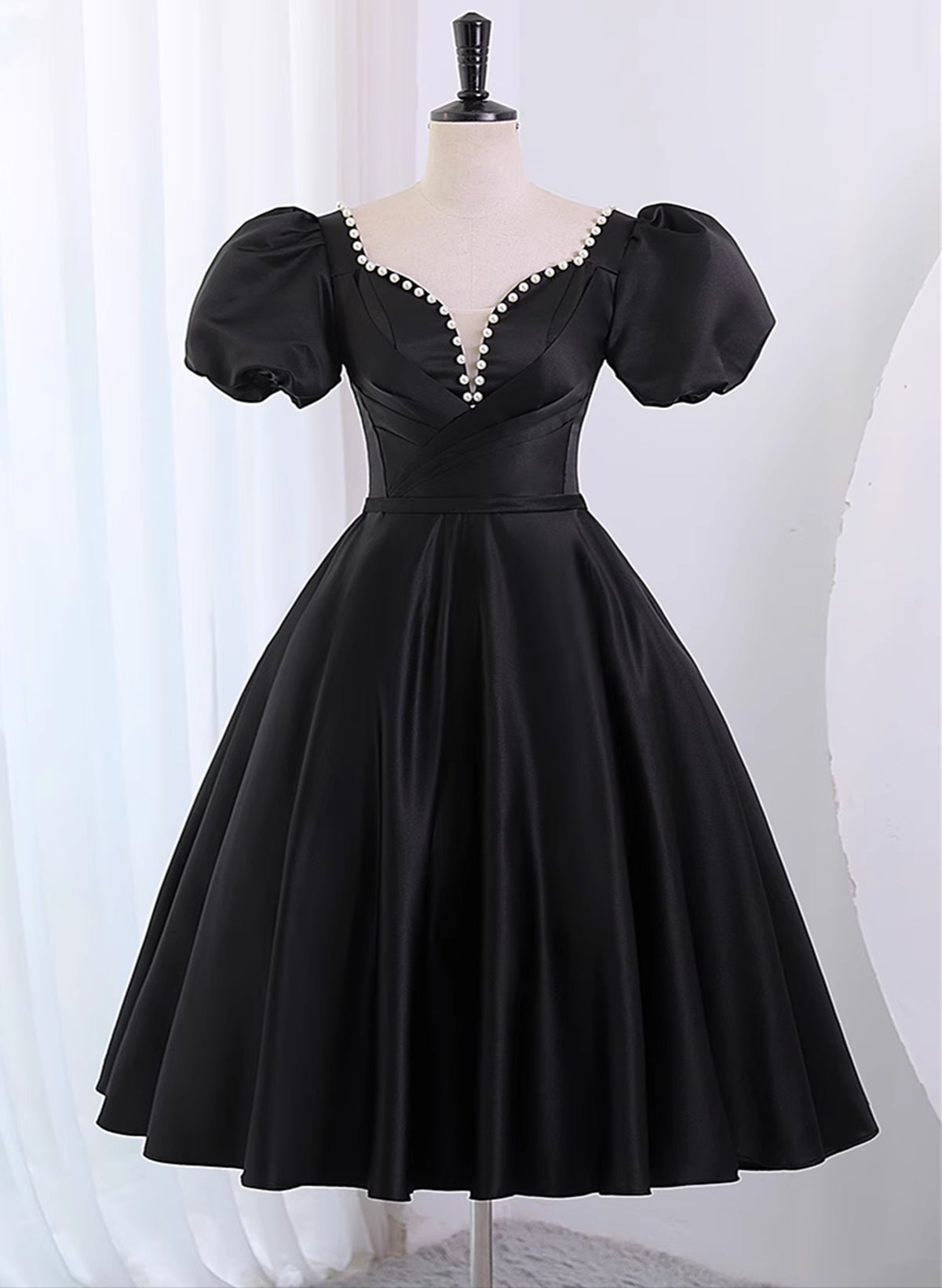 Black Satin Short Sleeves Knee Length Party Dress, Black Homecoming Dress
