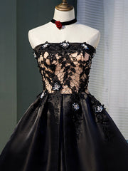 Black Satin with Lace Knee Length Prom Dress Homecoming Dress, Black Party Dresses