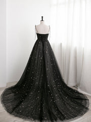 Black Sweetheart Tulle Straps Long Formal Dress, Black Evening Party Dresses