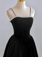 Black Tea Legnth Straps A-line Wedding Party Dress, Black Bridesmaid Dress