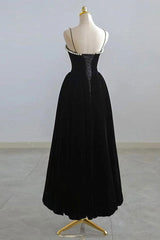 Black Tea Legnth Straps A-line Wedding Party Dress, Black Bridesmaid Dress