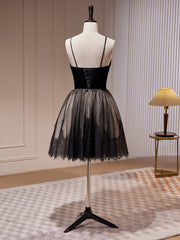 Black Tulle and Lace Straps Short Party Dress, Black Homecoming Dress