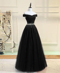 Black Tulle Off Shoulder Beaded Party Dress , Black New Dress for Party