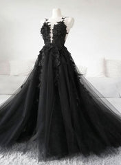 Black Tulle Party Dress with Lace Long Prom Dress, Pretty Black Evening Dress