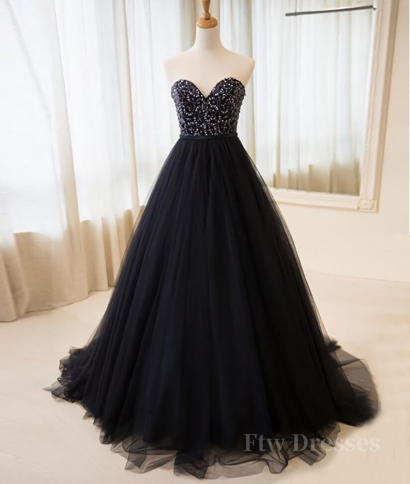 Black tulle sweetheart neck long prom dress, black evening dress
