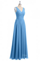 Blue A-line Lace and Chiffon Long Bridesmaid Dress