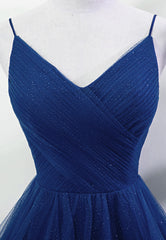 Blue A-line Straps Tulle Layers Long Party Dress, Blue Long Prom Dress