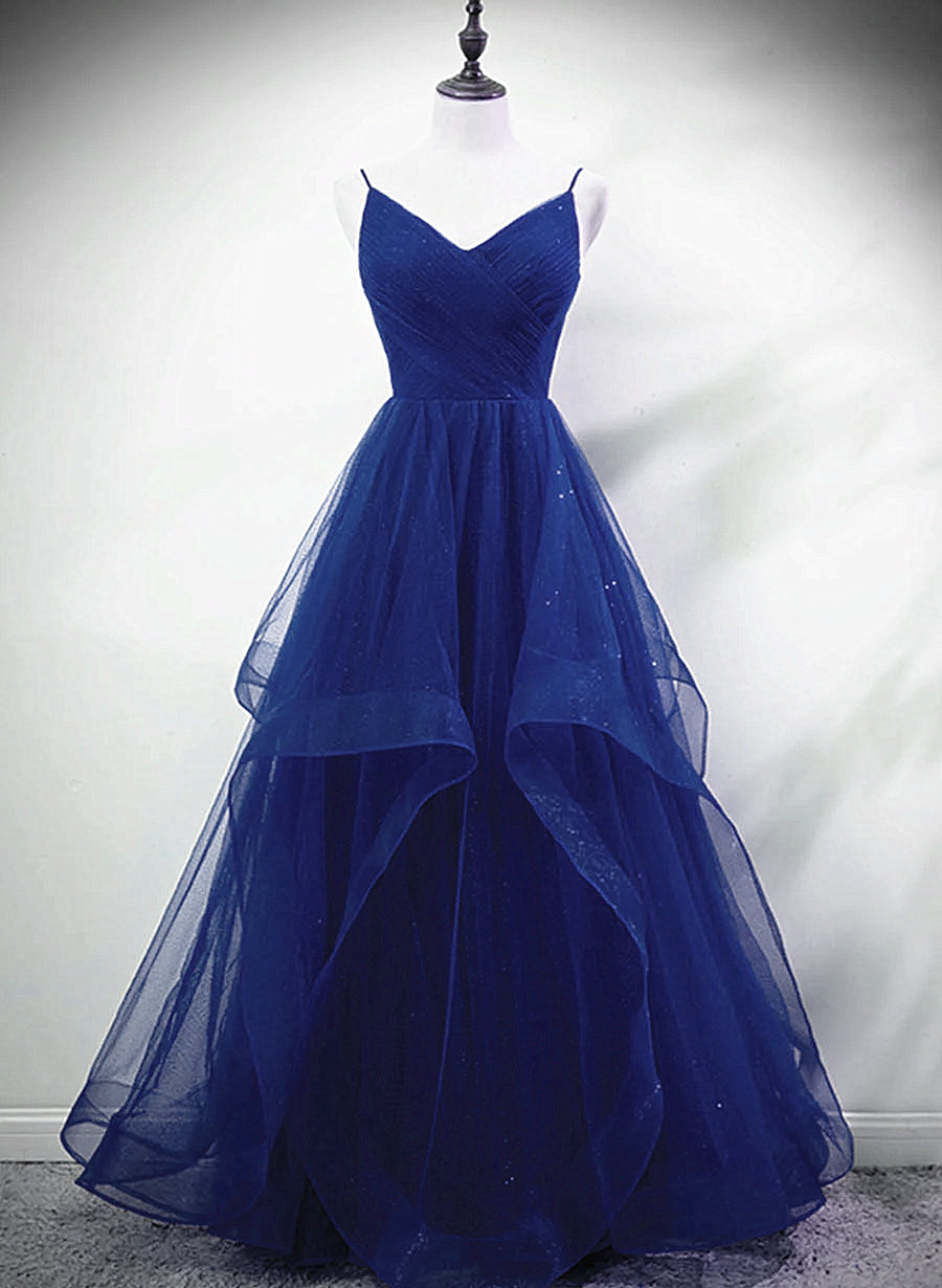 Blue A-line Straps Tulle Layers Long Party Dress, Blue Long Prom Dress