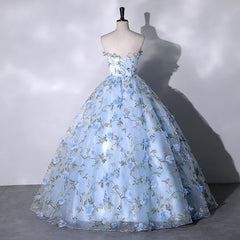 Blue Floral Sweetheart Floor Length Formal Dresses, Blue Long Party Dresses