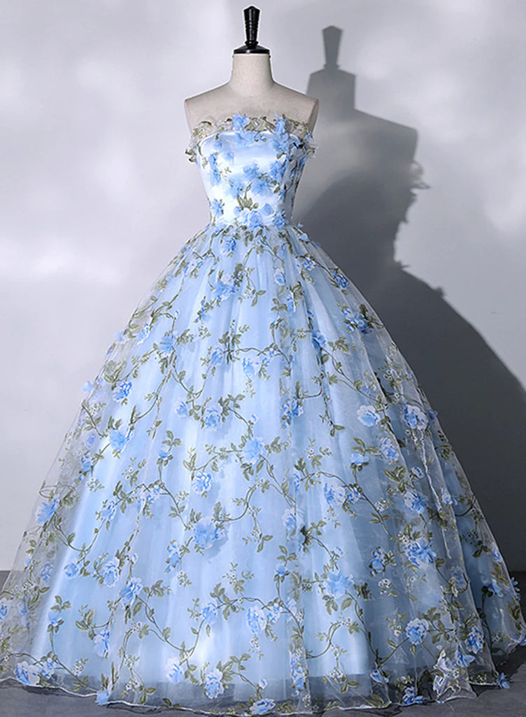 Blue Floral Sweetheart Floor Length Formal Dresses, Blue Long Party Dresses