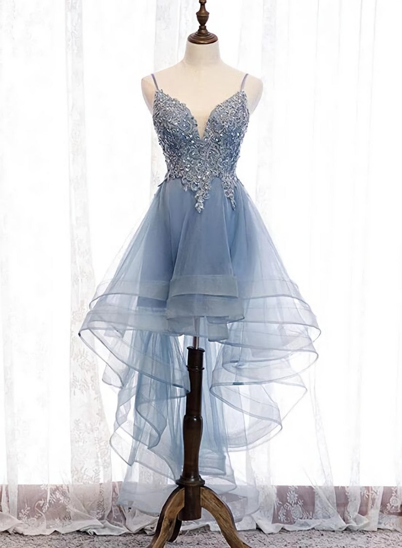 Blue High Low Tulle V-neckline Straps Party Dress with Lace, Cute Homecoming Dress