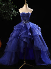Blue Prom Dresses Ruffles Tiered Crystal Beaded Top FormalParty Dress, High Low Prom Dress