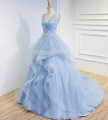 Blue Prom Dresses V-neck Ball Gown Sweep Train Party Dress, Sweet 16 Gown
