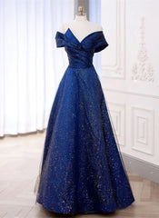 Blue Satin Long A-line Formal Dress Prom Dress, Off Shoulder Blue Evening Dress