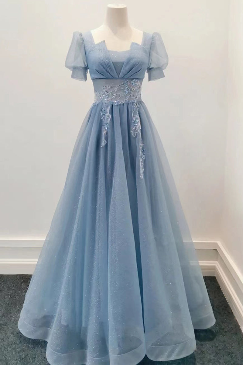 Blue Shiny Tulle Short Sleeves Long Formal Dress, Blue A-line Prom Dress