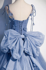 Blue Spaghetti Strap Tulle with Flowers Long Formal Dress, Blue Party Dress with Bow