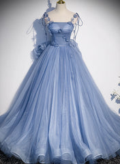 Blue Spaghetti Strap Tulle with Flowers Long Formal Dress, Blue Party Dress with Bow