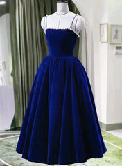 Blue Tea Length Velvet Straps Pearls Formal Dress, Blue Homecoming Dress