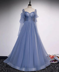 Blue Tulle Beaded Long Formal Dress Party Dresses, A-line Wedding Party Dresses