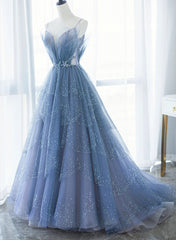 Blue Tulle Gorgeous V Neck Long Prom Dress, A-line Tulle Formal Evening Dress