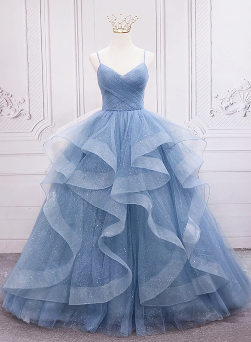 Blue Tulle Layers Long Party Dress Prom Dress, Sweet 16 Dresses