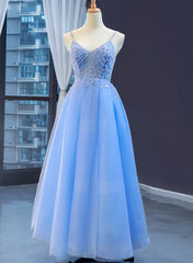 Blue V-neckline Tulle Beaded Long Straps Beaded Dress, Blue Fashionable Formal Dress Prom Dress