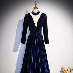 Blue Velvet Long Sleeves Floor Length Wedding Party Dress, Blue Formal Gown
