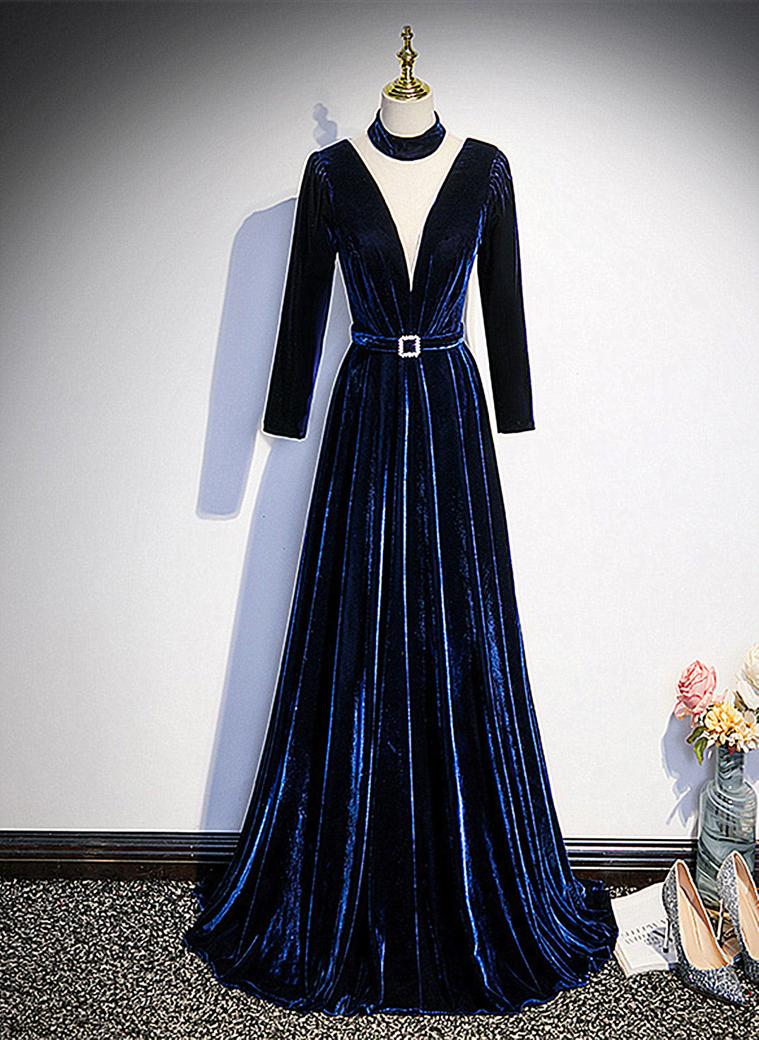 Blue Velvet Long Sleeves Floor Length Wedding Party Dress, Blue Formal Gown